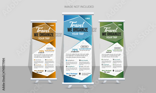 Travel vacation roll-up banner design or pull up banner template for travel agency, marketing, display, x-banner, flag-banner, infographics, and presentation. roll up banner Vector (ID: 741877984)