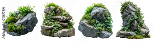 Collection of stones with plants and moss on a transparent or white background