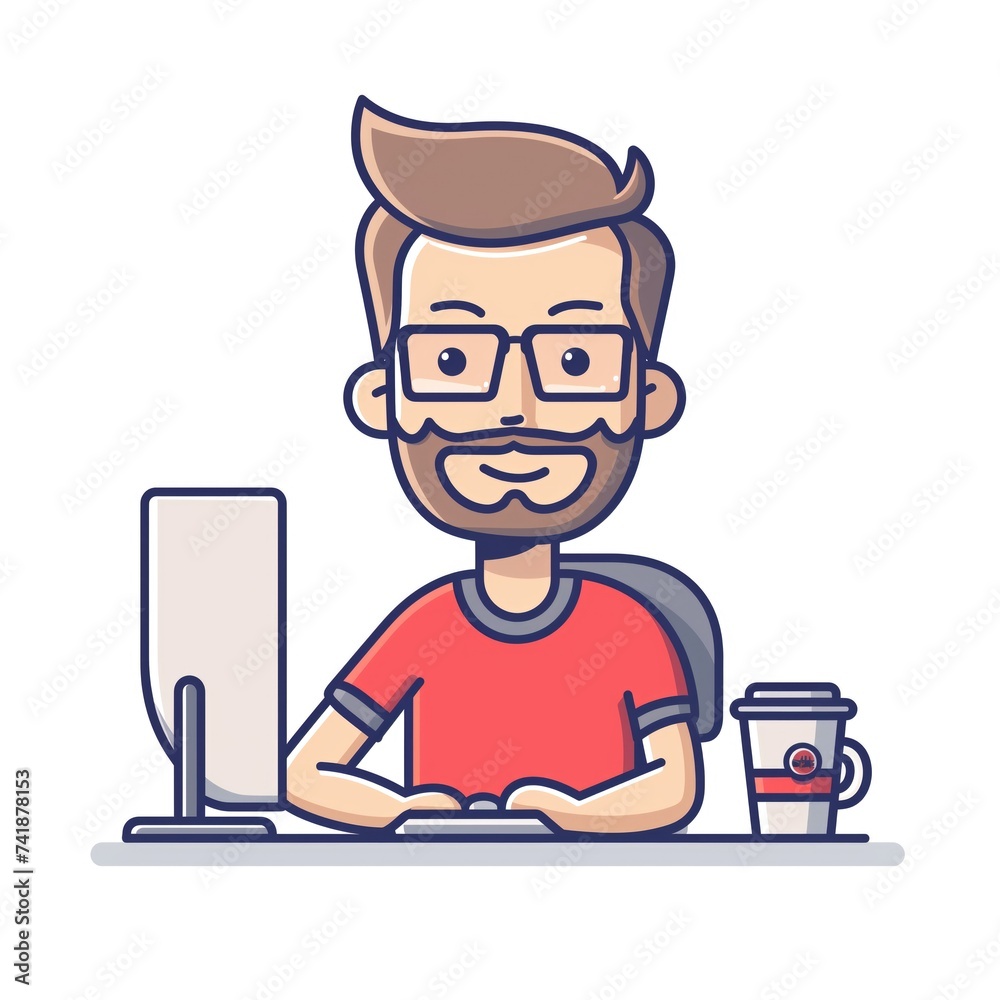 A cartoon programmer with a computer and a cup of coffee