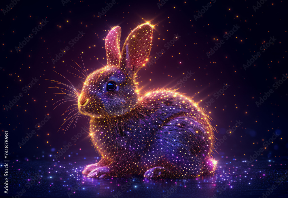 Easter bunny in shining neon lights and stars. Sparkling rabbit with shiny particles and stellar cosmic dust among the shimmering highlights. Futuristic techno style Easter bunny in shining neon lights and stars. Sparkling rabbit with shiny particles and stellar cosmic dust among the shimmering highlights. Futuristic techno style