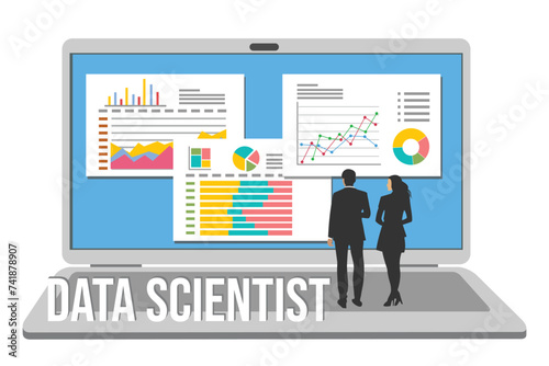 Vector illustration of Data scientist concept, Analyzing various data points.