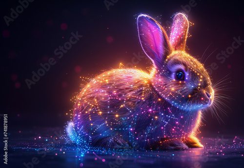 Easter bunny in shining neon lights and stars. Sparkling rabbit with shiny particles and stellar cosmic dust among the shimmering highlights. Futuristic techno style