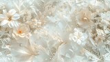 the delicate beauty of flowers and leaves in white and light colors, intertwining botanical elements in a seamless collage, evoking an ethereal and enchanting ambiance. SEAMLESS PATTERN.