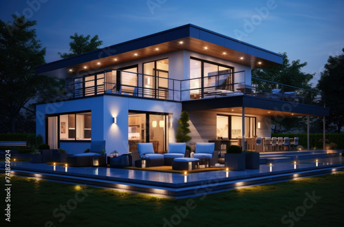 Panoramic photo of modern house with outdoor and indoor lighting, at night © Ruslan Gilmanshin