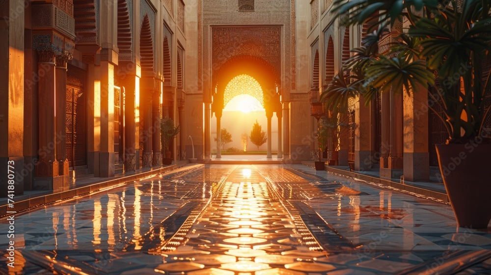 Peaceful atmosphere of a mosque courtyard at sunset, with soft lighting and geometric Arabic patterns adding to the ambiance during Ramadan