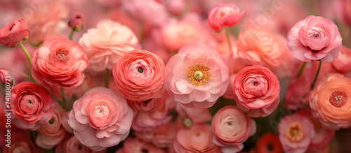 Pink ranunculus flower background. Floral wallpaper, banner. February 14, valentine's day, love, 8 march women's day theme. Mother's day.