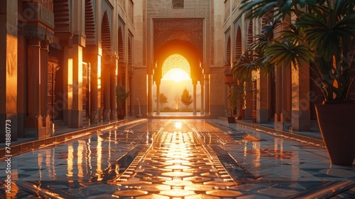 Peaceful atmosphere of a mosque courtyard at sunset, with soft lighting and geometric Arabic patterns adding to the ambiance during Ramadan photo
