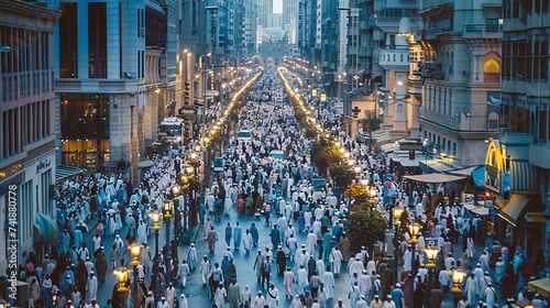 Streets of Mecca during Ramadan, with pilgrims from around the world coming together to worship and seek spiritual fulfillment