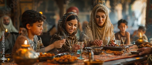 Family gathered around a beautifully decorated table, breaking their fast with dates and refreshing glasses of water as they observe Ramadan photo