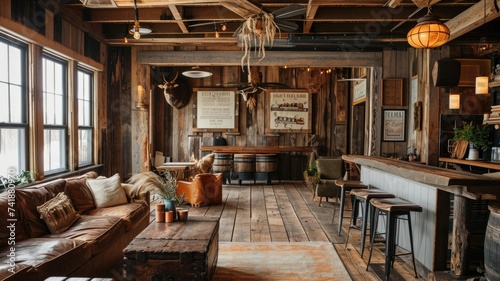 cozy rustic interior with reclaimed wood, earthy tones, and farmhouse-inspired decor for a warm and welcoming atmosphere