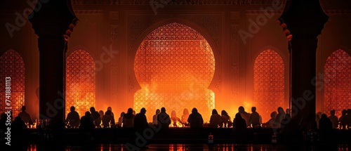 Worshippers performing Taraweeh prayers at the mosque, their silhouettes against the illuminated mihrab, exemplifying the spiritual significance of Ramadan