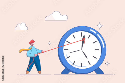 Deadline or time management concept. Running out of time. Sad or stressed man or employee or office worker pushing minute hand of broken clock towards anti clockwise. Vector character illustration.