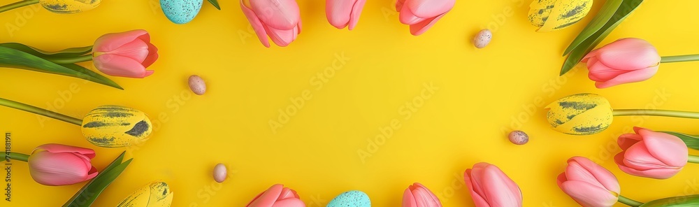 Easter eggs and fresh tulips on a bright yellow background for easter ...