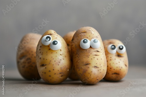 Several potatos with glued googly eyes, grey background. Funny faces. April Fools Day. photo