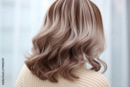 Rear view of a girl with flowing long blonde hair, care and hair care concept
