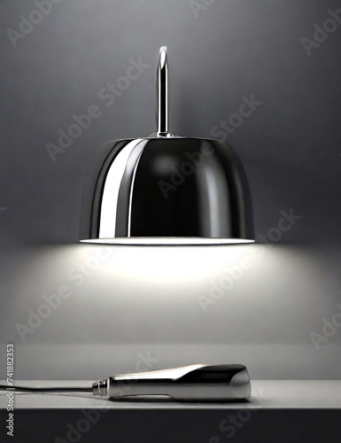 Stylish modern lamp on white textured wall. Glowing chrome led lamp on gray wall. Free space and darker stripe on background for inscript. Copyright space for site or banner photo