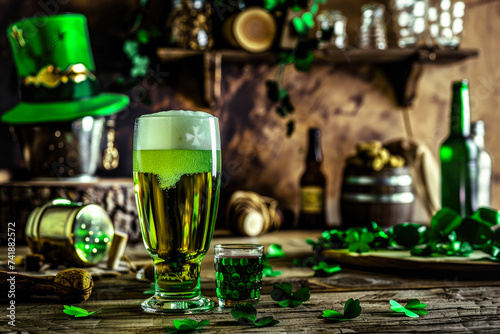 A chilled bottle of green beer sits atop a wooden table, beckoning with its frothy contents and promising a night of revelry and relaxation