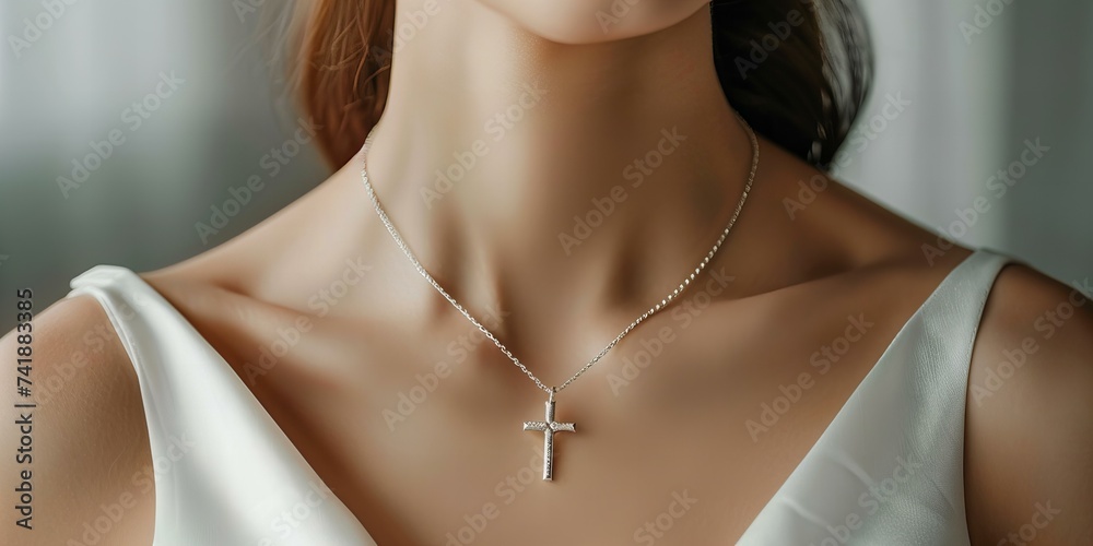 model woman wearing necklace with cross shaped pendant, closeup - obrazy, fototapety, plakaty 