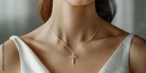 model woman wearing necklace with cross shaped pendant, closeup photo