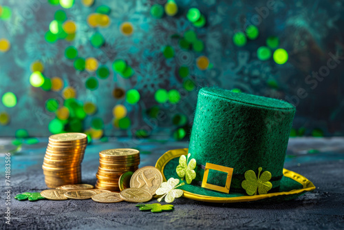 A festive green hat adorned with golden coins and clovers sits proudly on the ground inside, ready to bring luck and charm to whoever wears it photo