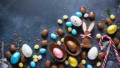 Köstliche Schokoladen-Ostereier, Hasen und Süßigkeiten auf dunkelblauem Hintergrund, flache Lage und Draufsicht. bunt photo