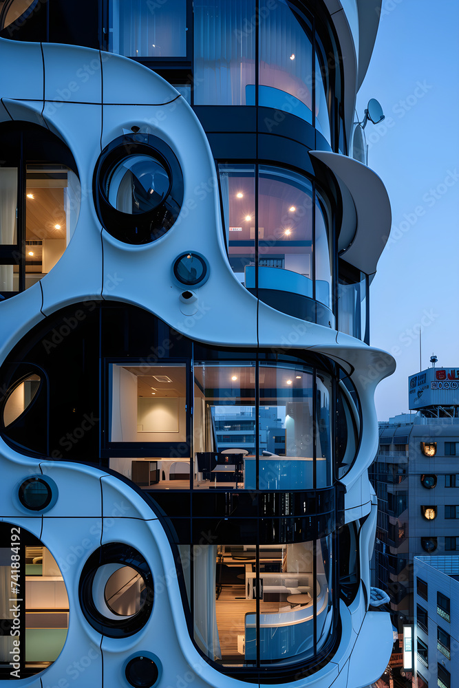 Fototapeta premium design ad for futuristic Capsule hotel in Japan. travel, tourism. evening, japanese culture