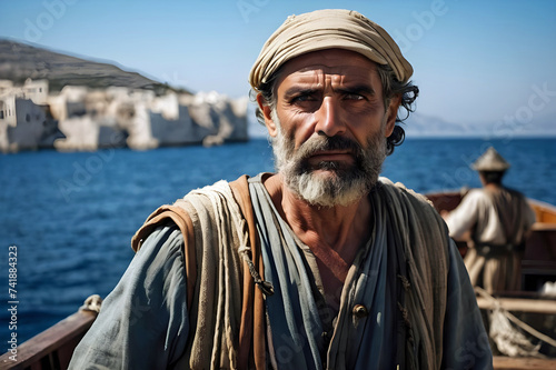 Portrait eines griechischen Fischers auf seinem Fischerboot photo