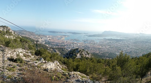 Panoramic view of la Seine sur Mer and Toulon, touristic destinations in Var, southern France, shot from Mont Faron mountain cable car. Bird eye sight Toulon and la Seyne mer,  french Riviera, France photo