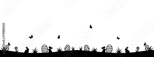 egg hunt, Easter background, black silhouette of bunnies, easter eggs, butterflies, flowers, panoramic vector illustration, Ostern, Ostermotiv Hintergrund