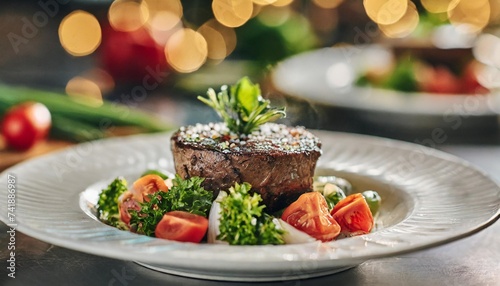 close up of gorgeous meat dish in background of blurred chef making food in professional modern kitchen and bokeh lights working concept cooks and craftsmen