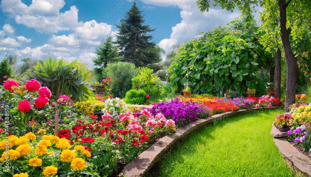 flowers in the garden on summer landscaped flower garden with lots of colorful blooms on summer