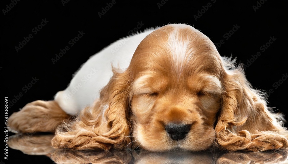 happy english cocker spaniel puppy dog sleeping isolated on transparent background