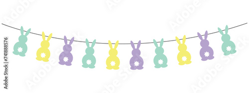 Easter garland, cute bunny panoramic vector decor, spring decoration