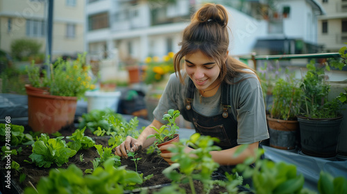 Young woman gardening in an urban vegetable garden on a building's rooftop photo
