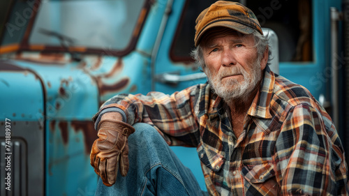 Elderly driver near an old truck