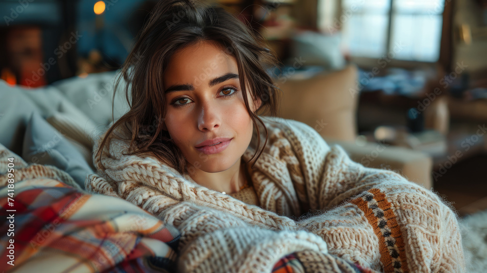 Portrait of a brunette woman in a warm blanket Portrait of a brunette woman in a warm blanket