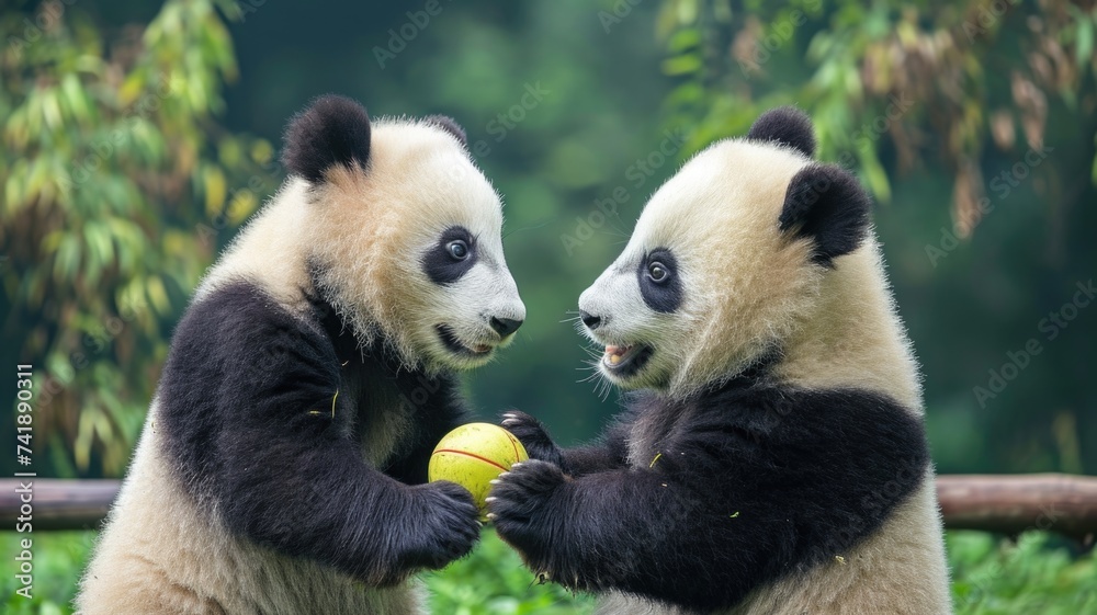 Obraz premium Playful Giant Panda Cubs Having Fun with a Ball in Their Enclosure