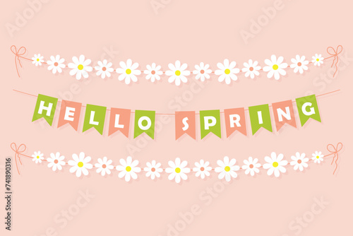 Hello Spring bunting garland, pink and green pennants with white letters, party lettering banner with white daisy flowers, vector decoration