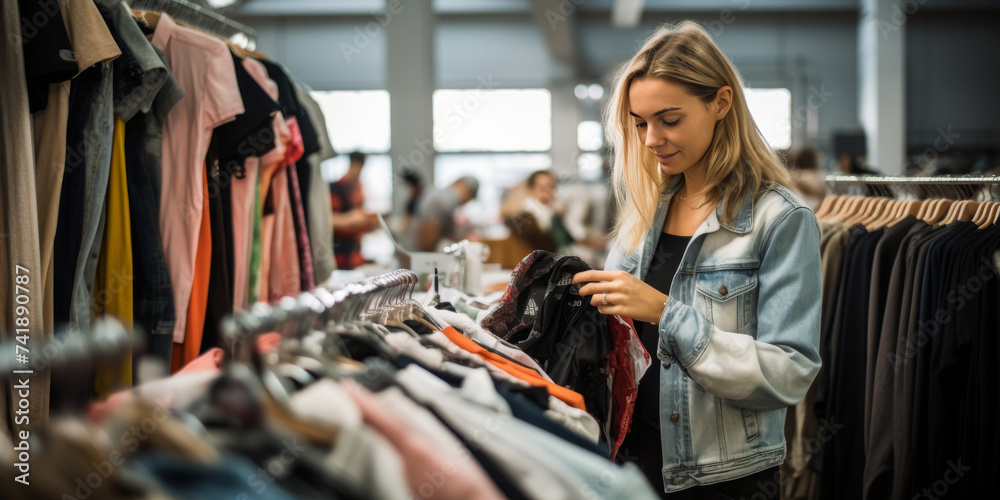 Young woman standing in front of a rack of clothes in Secondhand clothing store. Vintage clothes in a store on sale. Recycling and life extension for clothes concept. Generative ai Young woman standing in front of a rack of clothes in Secondhand clothing store. Vintage clothes in a store on sale. Recycling and life extension for clothes concept. Generative ai