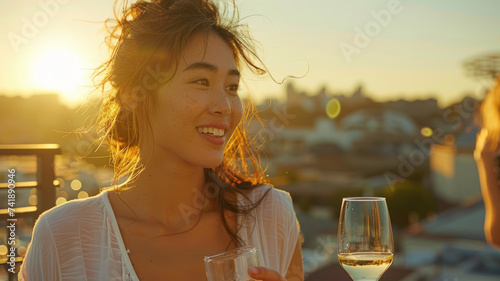 Beautiful woman with a glass of wine at a table