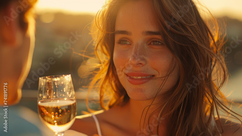 Beautiful young woman with a glass of wine in golden evening light