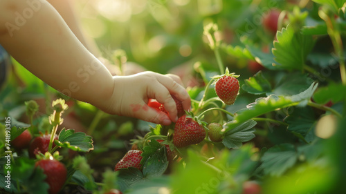 Collecting ripe strawberries in the garden