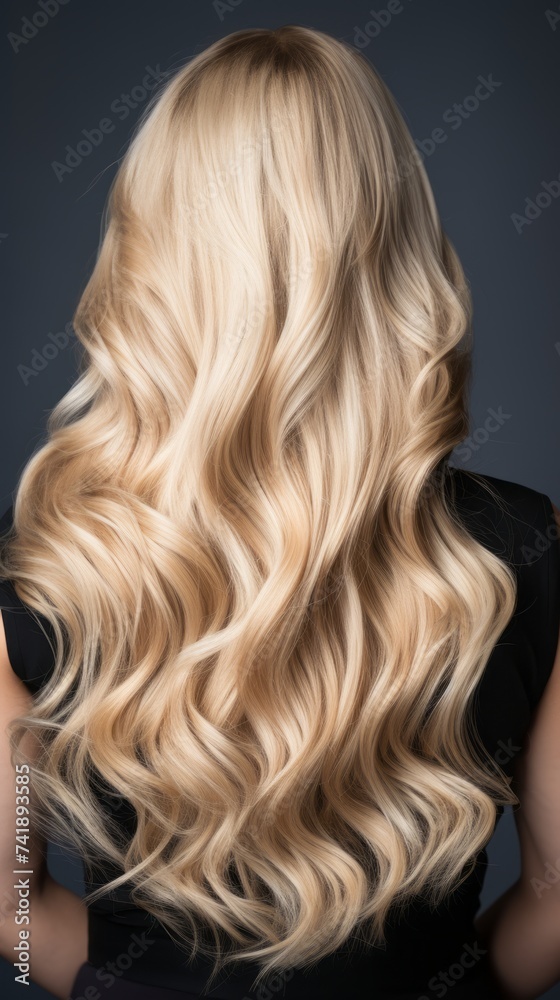 Naklejka premium Rear view of a girl with flowing long blonde hair, care and hair care concept