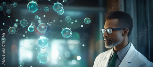 science illustration black doctor white bluse working on a tablet molecules atoms chemical compounds research center white blue background focused scientist business concept technology phd eyeglasses photo