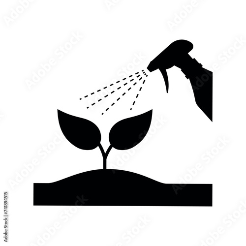 spraying plant from a spray bottle black icon, moistening of foliage, plant care, botanical vector illustration