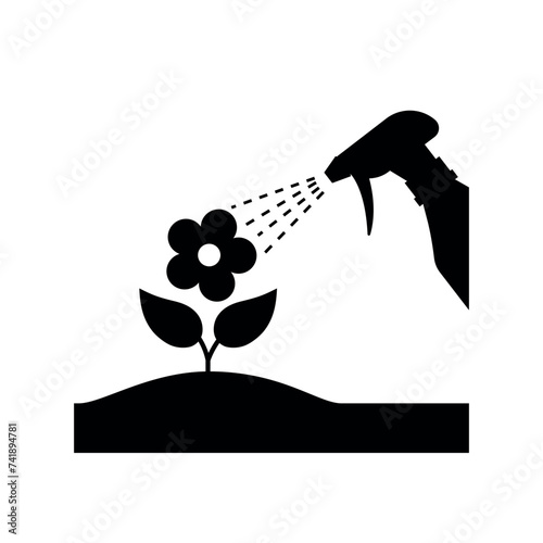 spraying flower from a spray bottle black icon, moistening of foliage, plant care, botanical vector illustration