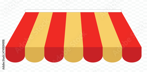 Realistic set of striped red and white awnings. Tents or textile roofs. Realistic vector illustration isolated on white. Realistic striped shop sunshade. Store awning.  19