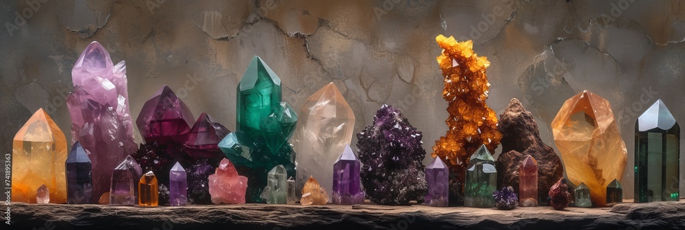 Various types of crystals minerals towers, smoky quarts and amethyst, emerald and fire quartz, aragonite - obrazy, fototapety, plakaty 