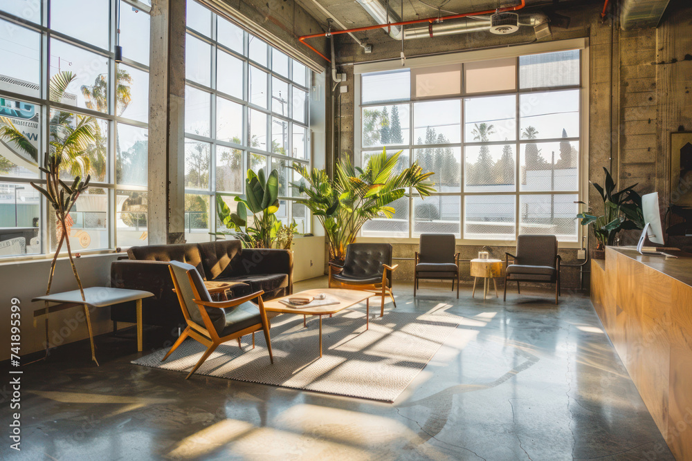 Spacious and bright workplace environment with an industrial design, large windows, and comfortable furniture. Office background.