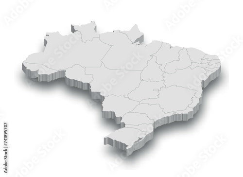 3d Brazil white map with regions isolated